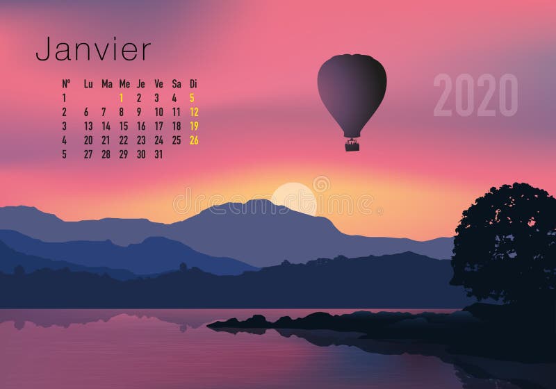 2020 calendar ready to print in French version, showing sunsets on landscapes overflighted by balloons. stock illustration