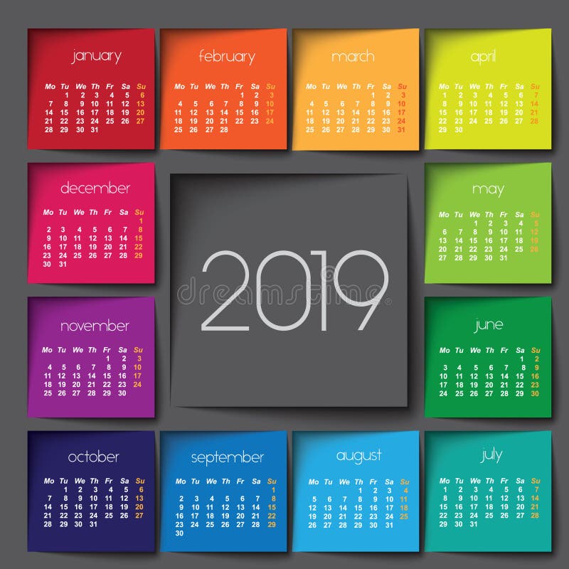 Calendrier 2019 Postit De Couleur Illustration de Vecteur