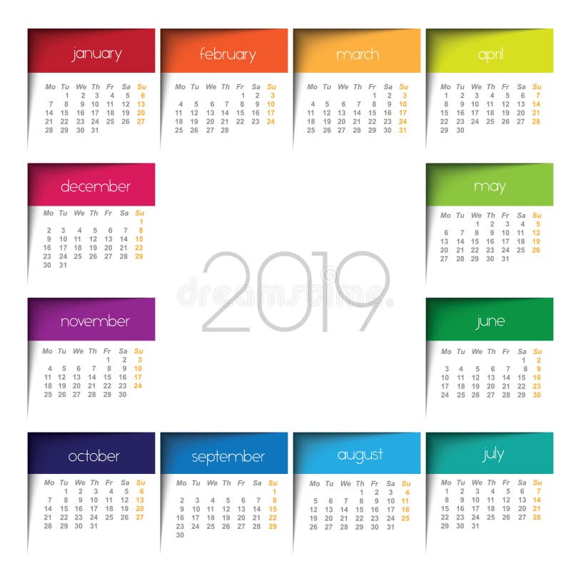 Calendrier 2019 Postit De Couleur Illustration de Vecteur