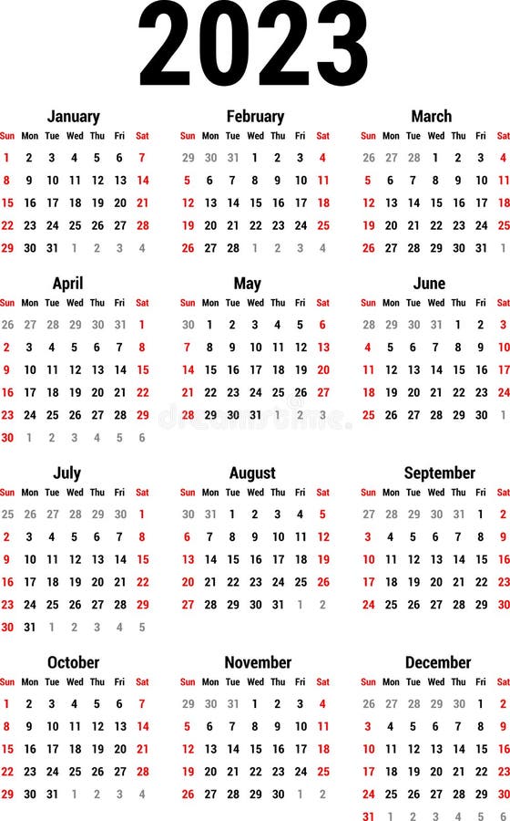 Calendrier 12 Mois 2023 à Imprimer Calendrier 2023, Calendrier Simple, Bureau, Débuts De Semaine Du