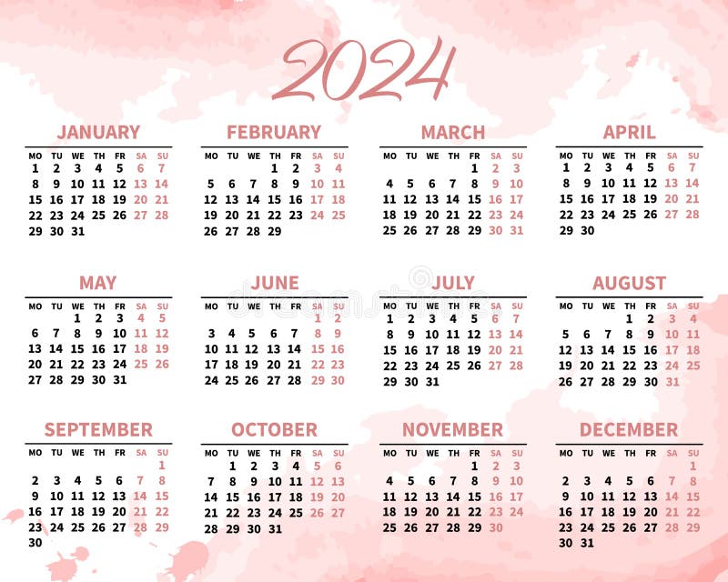 Calendrier Pour 2024 Sur Fond D'aquarelle Rose Pâle. Modèle