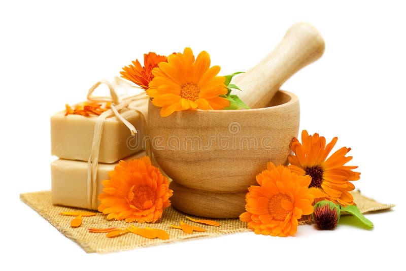 Calendula flowers with bath soap