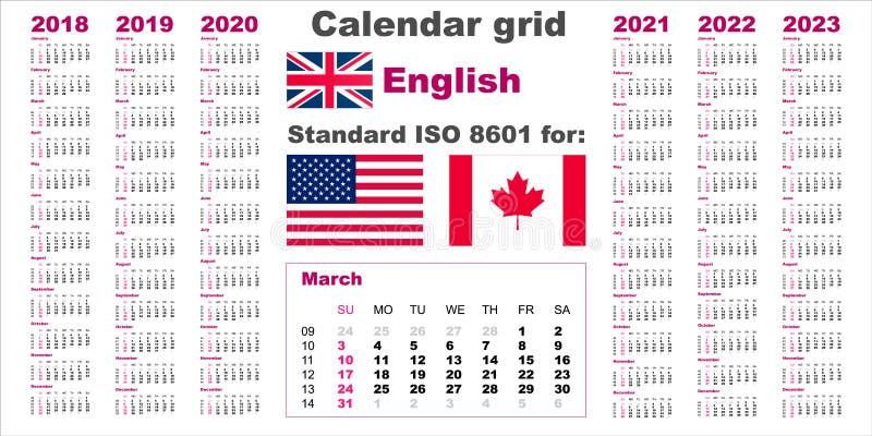 Calendário americano E.U. padrão Teste padrão da língua inglesa para 2018 2019 2020 2021 2022 2023 começos em domingo, EUA da sem ilustração stock Calendário americano E.U. padrão Teste padrão da língua inglesa para 2018 2019 2020 2021 2022 2023 começos em domingo, EUA da sem ilustração stock