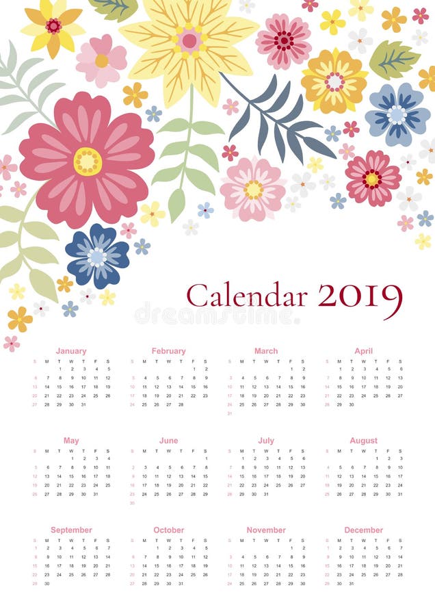 Calendário bonito por 2019 anos Começos da semana em domingo Molde do vetor com o ornamento floral brilhante de flores e das folh ilustração stock Calendário bonito por 2019 anos Começos da semana em domingo Molde do vetor com o ornamento floral brilhante de flores e das folh ilustração stock