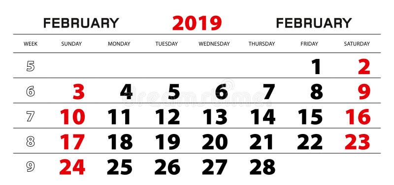Calendário de parede 2019 para fevereiro, começo da semana de domingo ilustração do vetor Calendário de parede 2019 para fevereiro, começo da semana de domingo ilustração do vetor