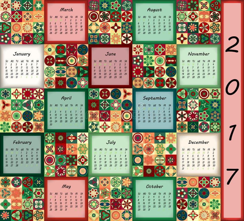 Calendário 2017 Elementos coloridos decorativos do vintage Teste padrão oriental floral decorativo, ilustração do vetor ilustração royalty free Calendário 2017 Elementos coloridos decorativos do vintage Teste padrão oriental floral decorativo, ilustração do vetor ilustração royalty free