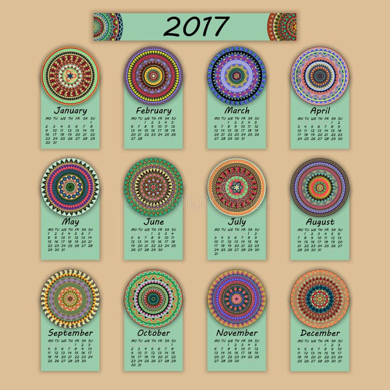 Calendário 2017 Elementos coloridos decorativos do vintage Teste padrão oriental floral decorativo, ilustração do vetor ilustração royalty free Calendário 2017 Elementos coloridos decorativos do vintage Teste padrão oriental floral decorativo, ilustração do vetor ilustração royalty free