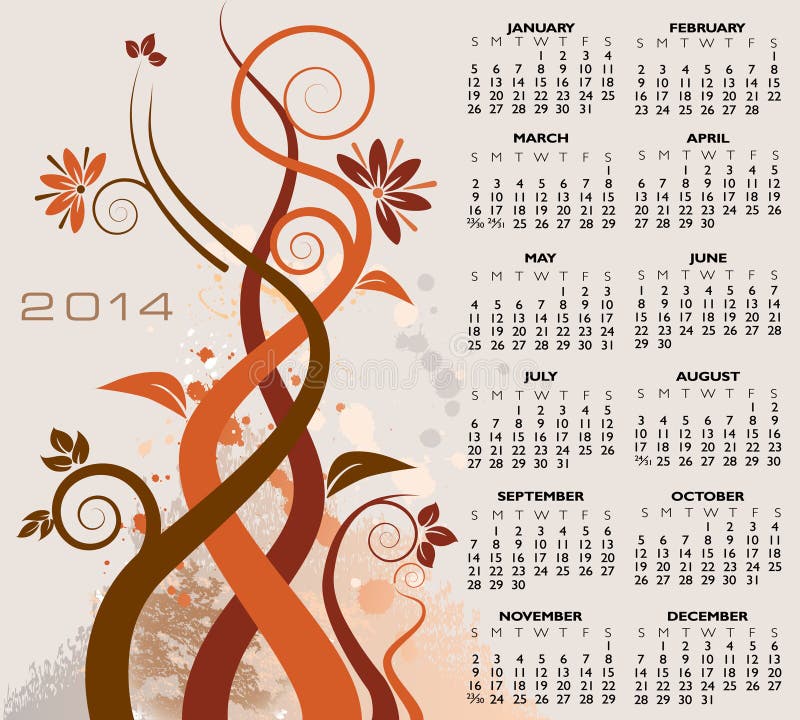 Calendário 2014 floral ilustração do vetor Calendário 2014 floral ilustração do vetor