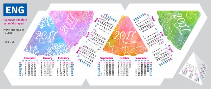 Calendário inglês 2017 do molde pela pirâmide das estações dada forma ilustração stock Calendário inglês 2017 do molde pela pirâmide das estações dada forma ilustração stock