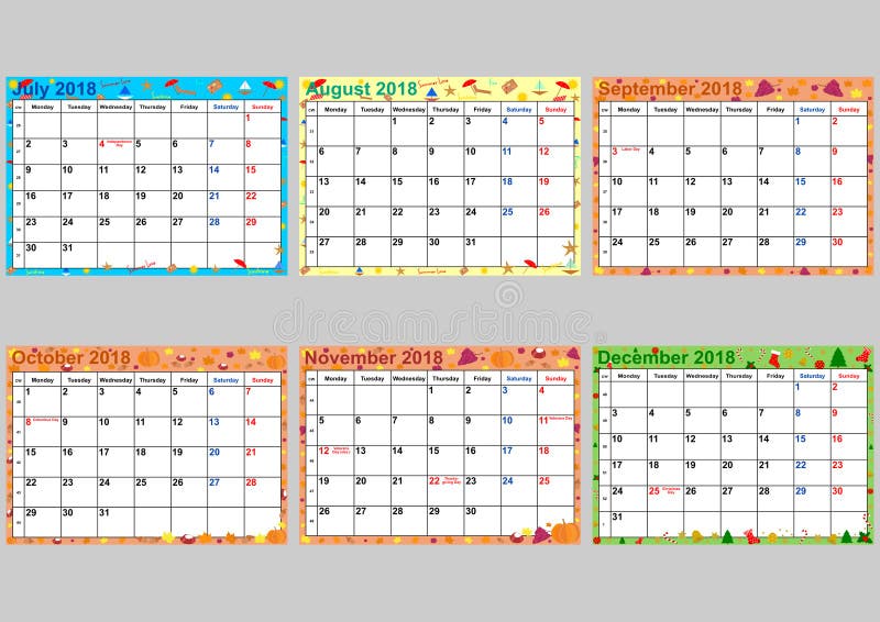 Calendário julho até dezembro ajustados para EUA ilustração do vetor Calendário julho até dezembro ajustados para EUA ilustração do vetor