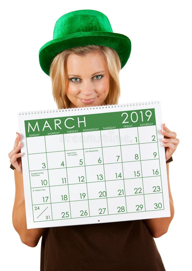 Calendário 2019: A menina apronta-se para o dia de março St Patrick foto de stock Calendário 2019: A menina apronta-se para o dia de março St Patrick foto de stock