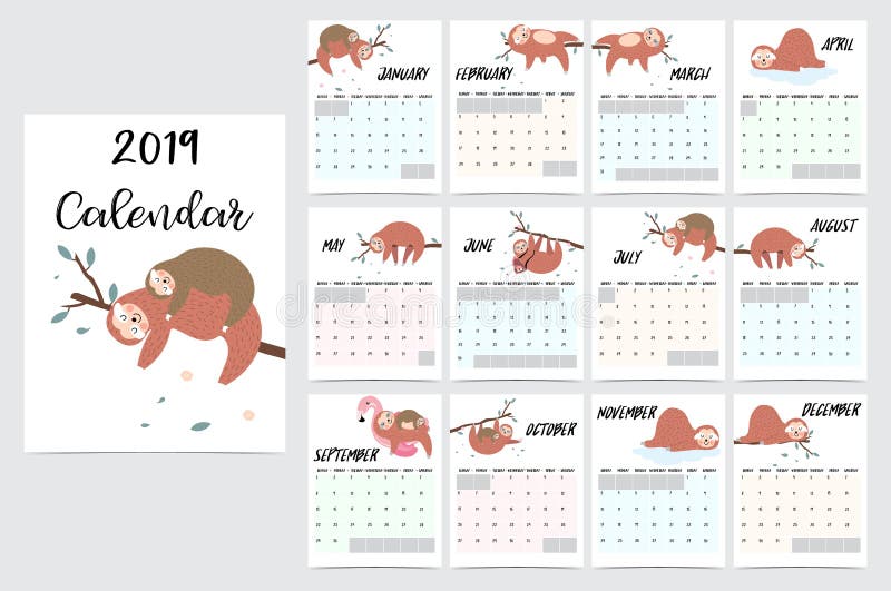Calendário mensal bonito 2019 com preguiça, árvore, urso para crianças C ilustração do vetor Calendário mensal bonito 2019 com preguiça, árvore, urso para crianças C ilustração do vetor