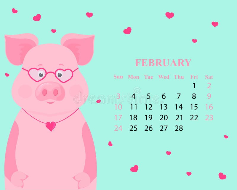 Calendário mensal para fevereiro de 2019 Porco bonito com vidros e o pendente coração-dado forma O símbolo do ano novo chinês ilustração stock Calendário mensal para fevereiro de 2019 Porco bonito com vidros e o pendente coração-dado forma O símbolo do ano novo chinês ilustração stock