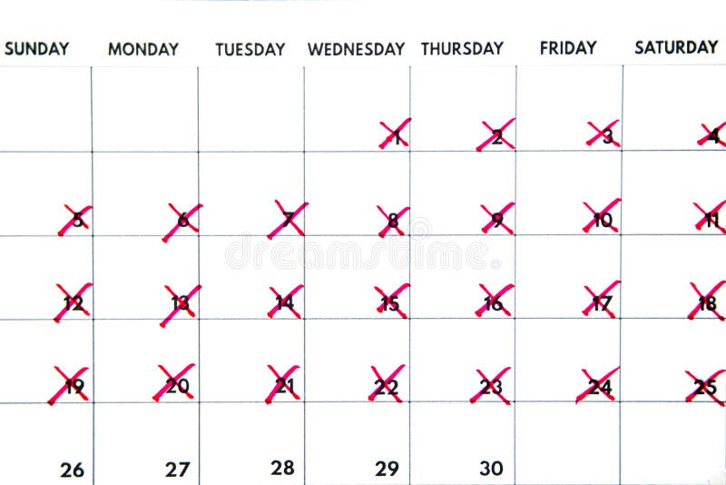 Calendário mostra dias sendo cruzados com marcador