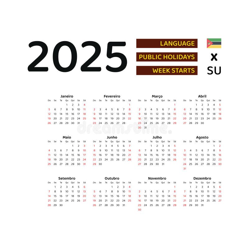 Calendário Moçambique 2025. Semana Começa Domingo. Design Gráfico Calendário Moçambique 2025. Semana Começa Domingo. Design Gráfico