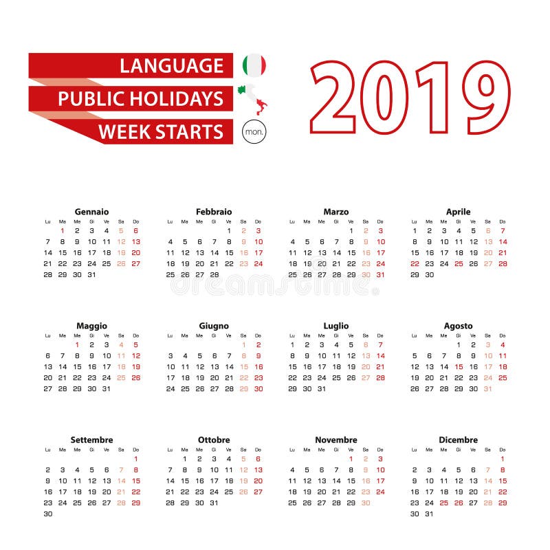 Calendário 2019 na língua italiana com feriados a contagem ilustração royalty free Calendário 2019 na língua italiana com feriados a contagem ilustração royalty free