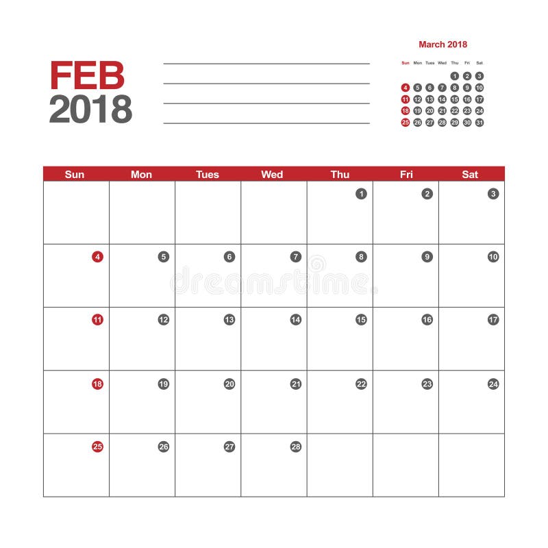Calendário para fevereiro de 2018 ilustração stock Calendário para fevereiro de 2018 ilustração stock
