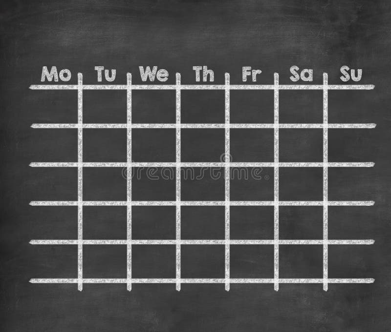 Grid weekly calendar full week from Monday to Sunday written with chalk on blackboard. Grid weekly calendar full week from Monday to Sunday written with chalk on blackboard