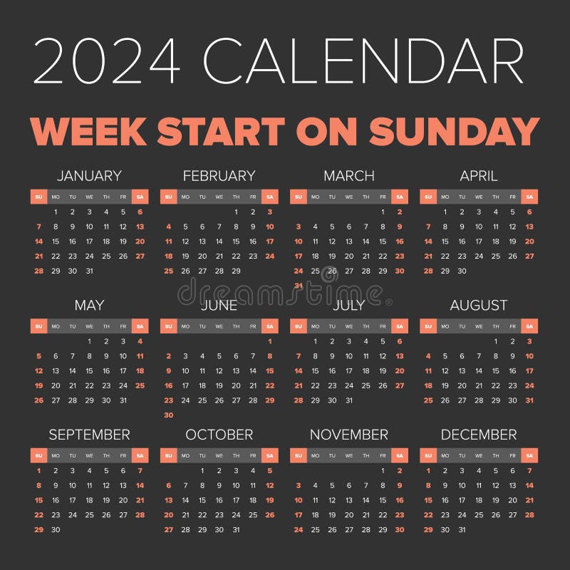 Calendário 2024 Com Início às Semanas De Domingo Ilustração do Vetor