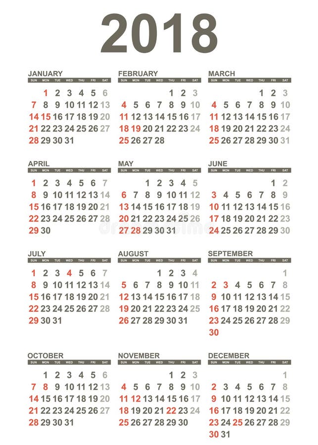 Calendário simples de 2018 anos ilustração do vetor Calendário simples de 2018 anos ilustração do vetor