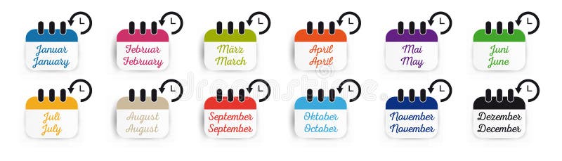 Calendário ícone janeiro até dezembro lisos alemães e inglês - grupo colorido do vetor - isolado no fundo branco ilustração royalty free Calendário ícone janeiro até dezembro lisos alemães e inglês - grupo colorido do vetor - isolado no fundo branco ilustração royalty free