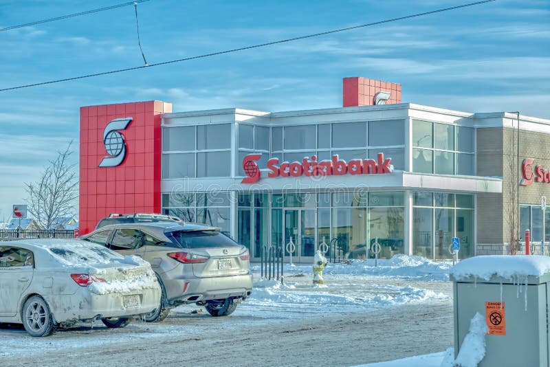 A Scotiabank Sign at a Branch Building during the Winter Editorial