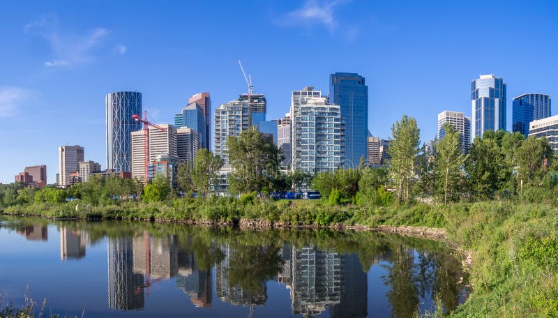 Calgary skyline reflected in a wetland