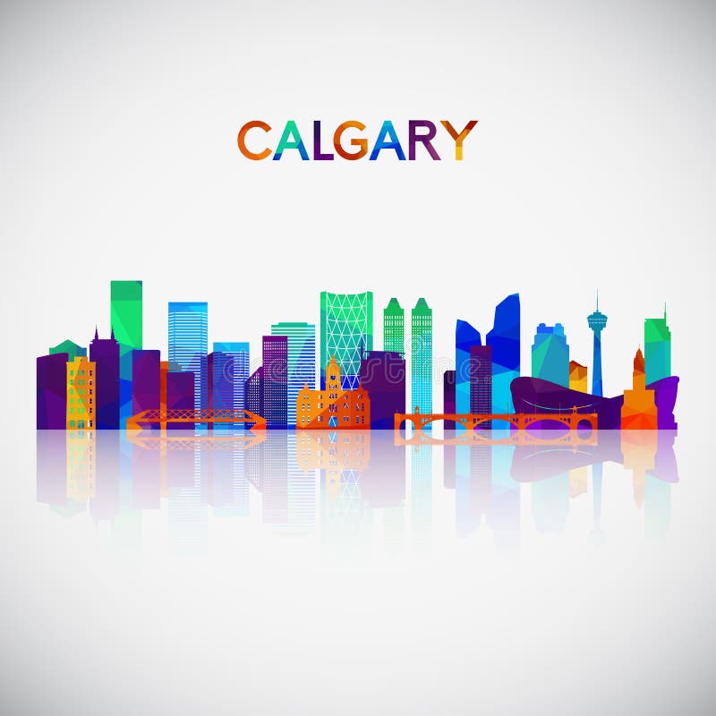 Calgary skyline silhouette in colorful geometric style.