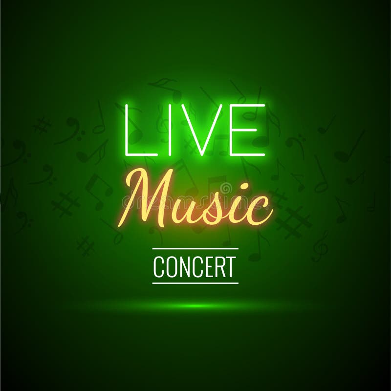 Neon Live Music Concert Acoustic Party Poster Background Template with text sign spotlight and stage. Neon Live Music Concert Acoustic Party Poster Background Template with text sign spotlight and stage
