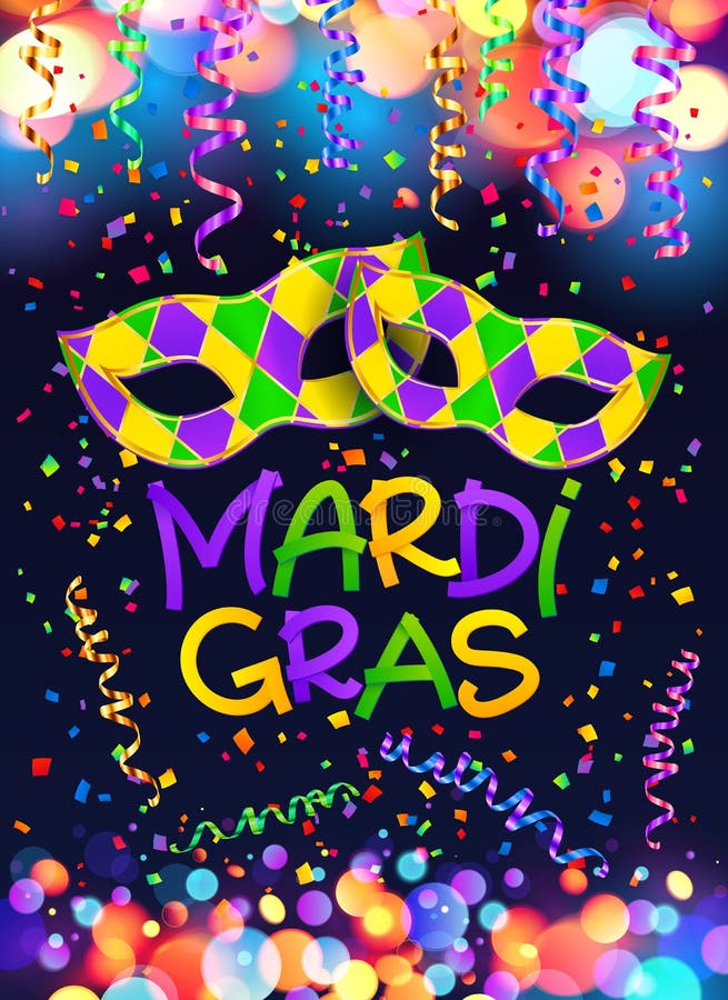 Colorful vector Mardi Gras poster and flyer template with carnival masks, serpentine and confetti on dark blue background. Colorful vector Mardi Gras poster and flyer template with carnival masks, serpentine and confetti on dark blue background