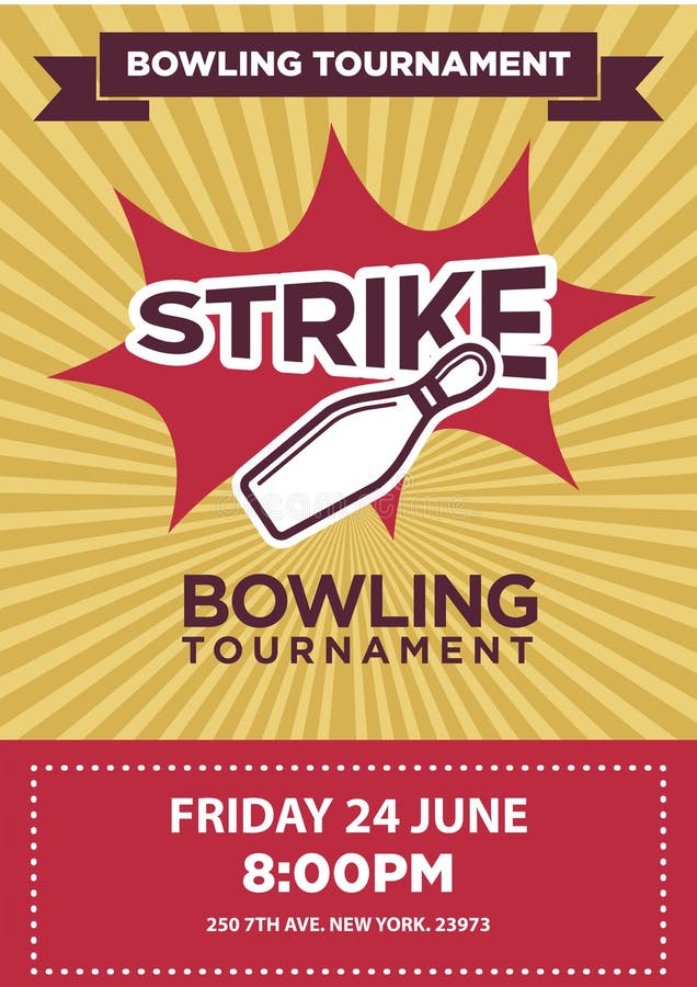 Bowling tournament poster template. Sport game contest event invitation sign or banner. Vector balls and skittle pins strike. Bowling tournament poster template. Sport game contest event invitation sign or banner. Vector balls and skittle pins strike