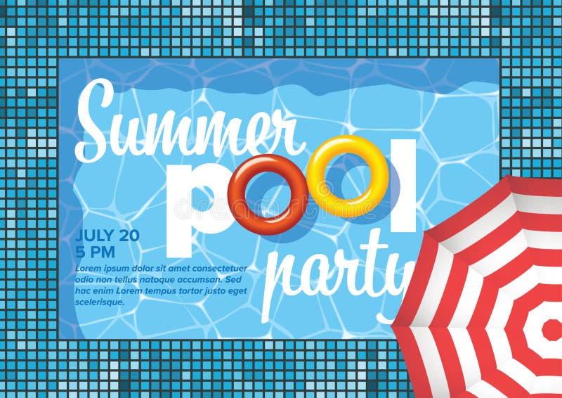 Vector summer pool party invitation flyer poster template with blue water background - horizontal version with parasol. Vector summer pool party invitation flyer poster template with blue water background - horizontal version with parasol