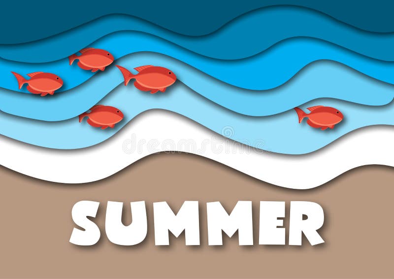 Calibre de bannière d'été dans le format A4, avec la mer ou les ressacs, la plage tropicale de sable, les poissons rouges et le t illustration libre de droits Calibre de bannière d'été dans le format A4, avec la mer ou les ressacs, la plage tropicale de sable, les poissons rouges et le t illustration libre de droits