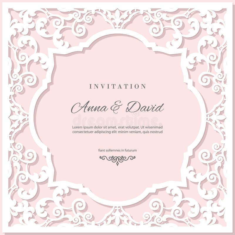 Calibre de carte d'invitation de mariage avec le cadre de coupe de laser Couleurs de rose en pastel et de blanc illustration de vecteur