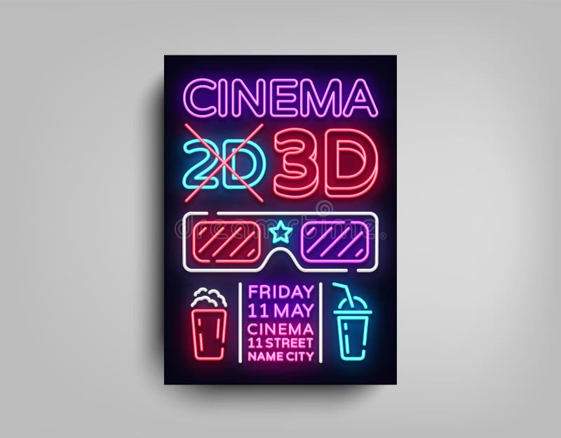 Calibre de conception d'affiche du cinéma 3d dans le style au néon Enseigne au néon, bannière légère, insecte léger lumineux, car illustration libre de droits Calibre de conception d'affiche du cinéma 3d dans le style au néon Enseigne au néon, bannière légère, insecte léger lumineux, car illustration libre de droits