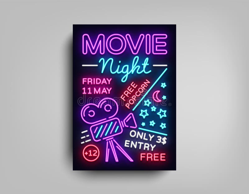 Calibre de conception d'affiche de soirée cinéma dans le style au néon Enseigne au néon, bannière légère, insecte lumineux, carte illustration libre de droits Calibre de conception d'affiche de soirée cinéma dans le style au néon Enseigne au néon, bannière légère, insecte lumineux, carte illustration libre de droits