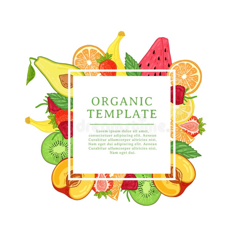Calibre de conception de bannière avec la décoration de fruit tropical Cadre carré avec le décor du fruit sain et juteux Carte av illustration libre de droits Calibre de conception de bannière avec la décoration de fruit tropical Cadre carré avec le décor du fruit sain et juteux Carte av illustration libre de droits