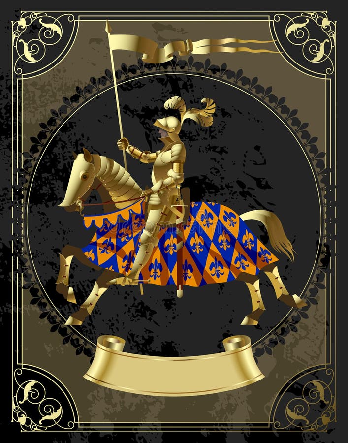 Calibre de conception de vintage dans le cadre décoratif avec un chevalier d'or dans le rond illustration libre de droits Calibre de conception de vintage dans le cadre décoratif avec un chevalier d'or dans le rond illustration libre de droits