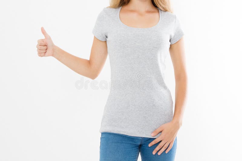 Calibre de T-shirt Pouce d'apparence de fille grand vers le haut du signe de geste d'isolement sur le fond blanc Langage du corps image libre de droits Calibre de T-shirt Pouce d'apparence de fille grand vers le haut du signe de geste d'isolement sur le fond blanc Langage du corps image libre de droits