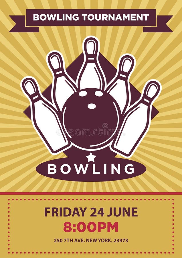 Bowling tournament poster template. Sport game contest event invitation sign or banner. Vector balls and skittle pins strike. Bowling tournament poster template. Sport game contest event invitation sign or banner. Vector balls and skittle pins strike