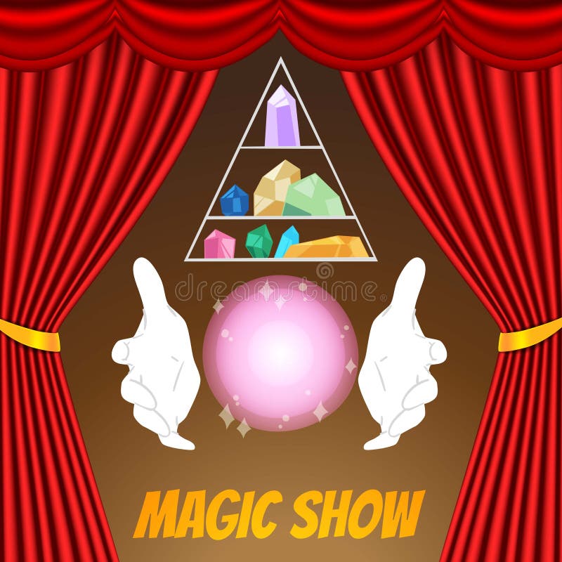 Calibre de vecteur d'affiche de spectacle de magie Gants de magicien, sphère, cristaux magiques et rideaux rouges Exposition d'il illustration stock Calibre de vecteur d'affiche de spectacle de magie Gants de magicien, sphère, cristaux magiques et rideaux rouges Exposition d'il illustration stock