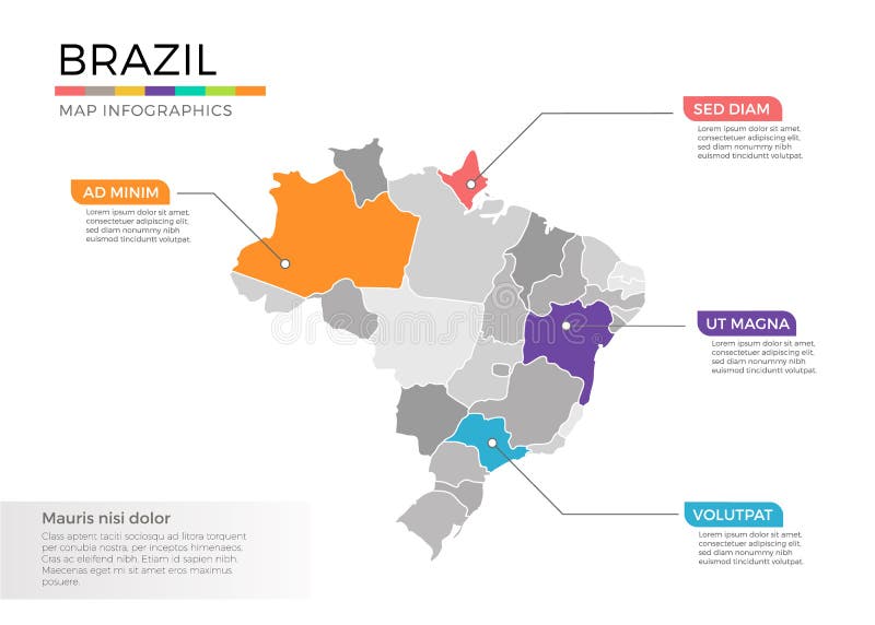 Brazil map info-graphics vector template with regions, districts, state, country isolated in different color with pointer marks for education and printing purpose. Brazil map info-graphics vector template with regions, districts, state, country isolated in different color with pointer marks for education and printing purpose