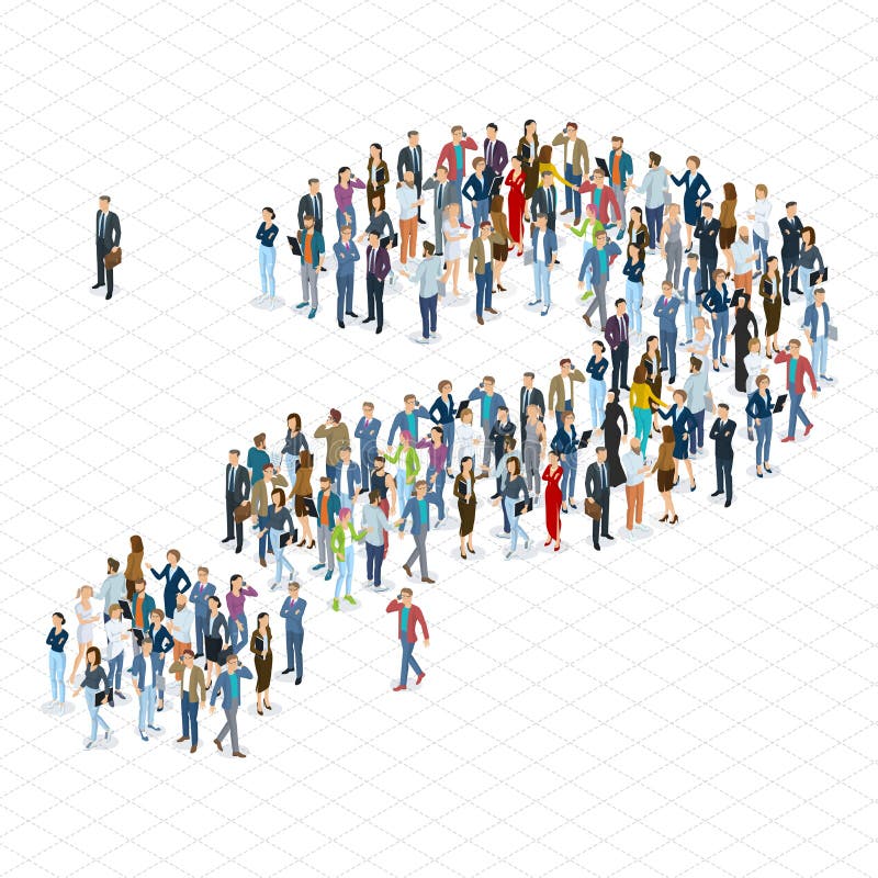 People crowd question mark vector template. Isometric 3d flat design vector standing and sitting people different characters, styles and professions. People crowd question mark vector template. Isometric 3d flat design vector standing and sitting people different characters, styles and professions.