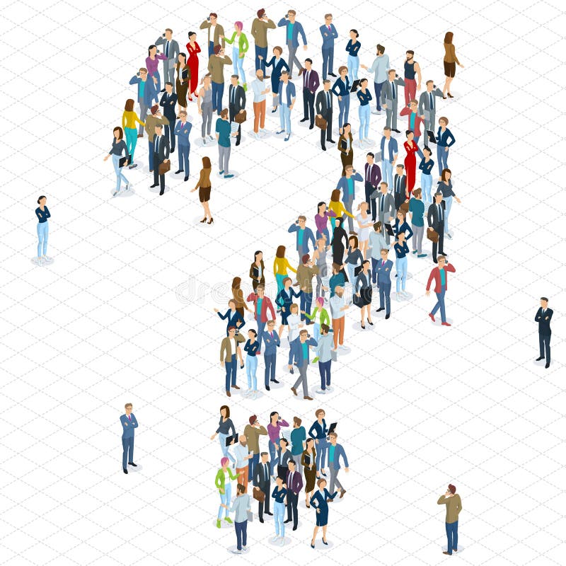 People crowd question mark vector template. Isometric 3d flat design vector standing and sitting people different characters, styles and professions. People crowd question mark vector template. Isometric 3d flat design vector standing and sitting people different characters, styles and professions.