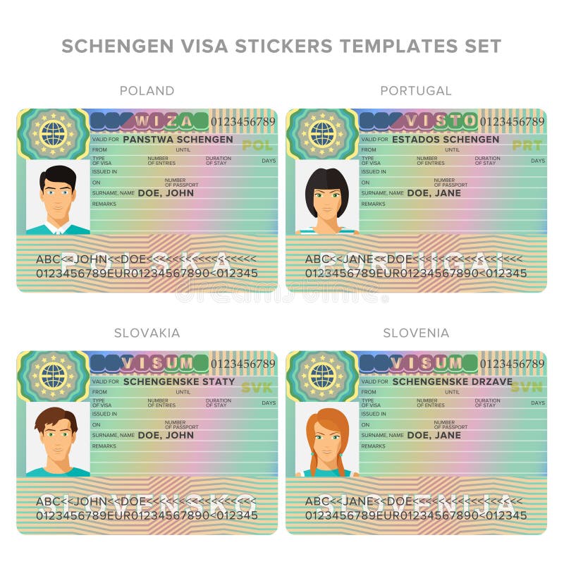 Calibres d'autocollant de passeport de visa de Schengen ensemble pour Pologne, Portugal, Slovaquie, Slovénie illustration libre de droits Calibres d'autocollant de passeport de visa de Schengen ensemble pour Pologne, Portugal, Slovaquie, Slovénie illustration libre de droits