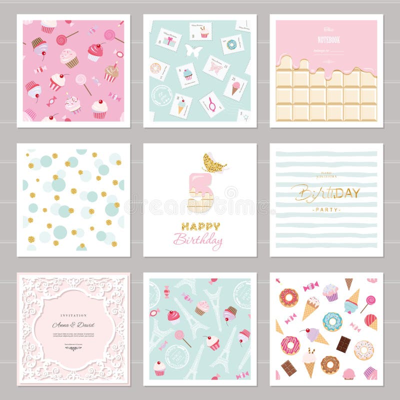 Calibres mignons de carte réglés pour des filles Y compris des cadres, modèles sans couture avec des bonbons illustration stock Calibres mignons de carte réglés pour des filles Y compris des cadres, modèles sans couture avec des bonbons illustration stock
