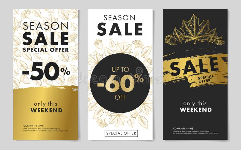 Calibres saisonniers de tracts de vente avec le modèle d'automne dans des couleurs noires et d'or illustration libre de droits Calibres saisonniers de tracts de vente avec le modèle d'automne dans des couleurs noires et d'or illustration libre de droits