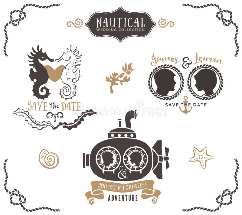 Hand drawn wedding invitation logo templates in nautical style. Vintage vector design elements. Hand drawn wedding invitation logo templates in nautical style. Vintage vector design elements.