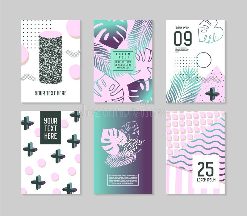 Calibres tropicaux abstraits d'affiche réglés avec des palmettes et des éléments géométriques Hippie Memphis Style Brochure Banne illustration de vecteur