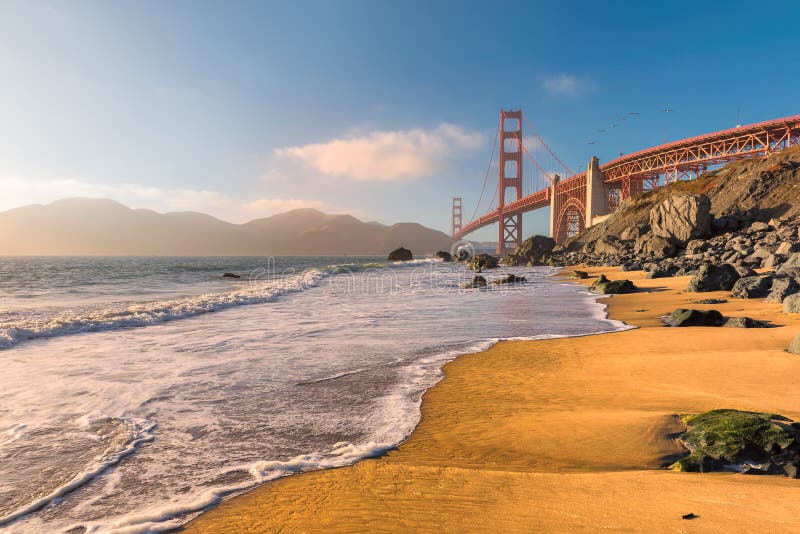 California beach and Golden Gate Bridge, San Francisco, California.